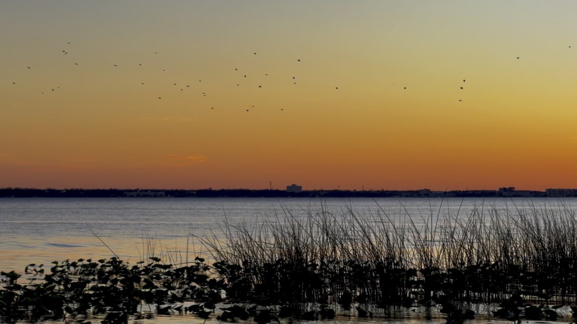A vivid sunset over the Central Florida water